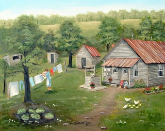 Laundry Day, Country Memories, Old House, Chickens, Clothes Line, Washing, Sisters, Outhouse, Watermelons, Folk Art, Arie Reinhardt Taylor