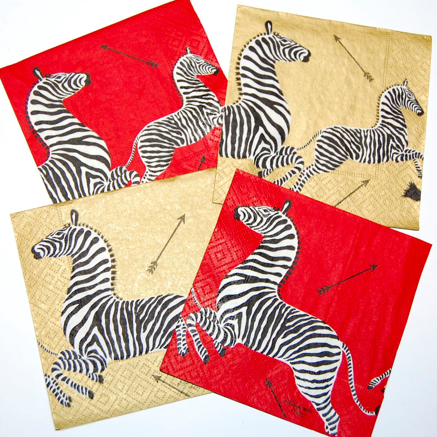 Decoupage Zebra on Gold and Red Napkin Set 4 Zebra Paper
