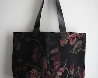 Tote bag, flowers, black leather