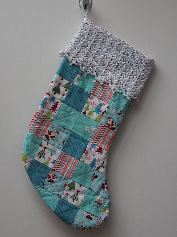 Patchwork Christmas Stocking with Sparkly Crochet Trim