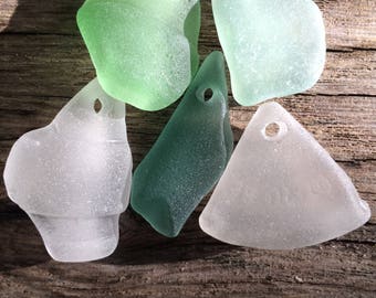SUPPLIES...5 genuine sea glass pieces, drilled hand made beads, jewelry supplies,weddings,gift ideas