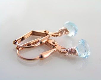 Rose Gold Earrings, Blue Topaz Earrings, December Birthstone Earrings, Small Earrings, Rose Gold Jewelry, Blue Topaz Jewelry, E2144