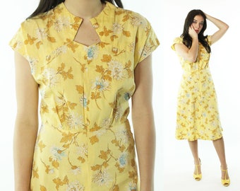 Vintage 40s Floral Day Dress Short Sleeve Yellow Cotton 1940s Small S Pinup Rockabilly