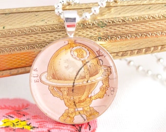vintage globe necklace, geekery, hipster necklace, postage stamp jewelry, student necklace