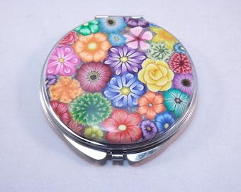 Colorful Millefiori Floral Polymer Clay Embellished Compact Purse Mirror