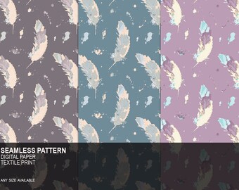 Bird Feather Seamless Surface Pattern, Soft Color Palette Digital Paper Pack, Background, Textile Fabric Print, Instant Download, Printable