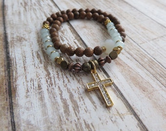Christian Cross Charm Bracelet, Wooden Beads, Green healing Crystals, Wrap Bracelet
