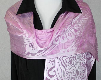 Soft Pink Devore Satin Scarf, Hand Dyed 14"x72" Arabesque style cut out, art nouveau silk scarf