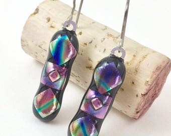 Fused Glass Earrings, Fused Glass Jewelry, Rainbow Glass Earrings, Glass Earrings, Hypoallergenic Earrings, Dichroic Glass Earrings