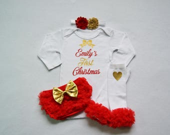personalized baby girl christmas outfit - red and gold baby girl christmas - my first christmas baby girl outfit - my 1st christmas baby