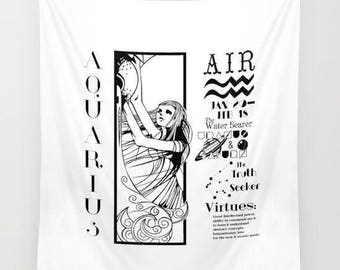 Aquarius/Wall Hanging Tapestry/Tapestry/Illustration/Font/Custom/Black and White/Astrology/Zodiac Sign/Horoscope/Design/Modern Art/B&W/Art