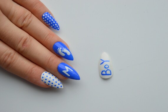 Baby Boy Nail Designs Graham Reid Items similar to Baby shower stiletto nails, it's a boy nails, stick on nails - Baby Boy Nail Designs Graham Reid