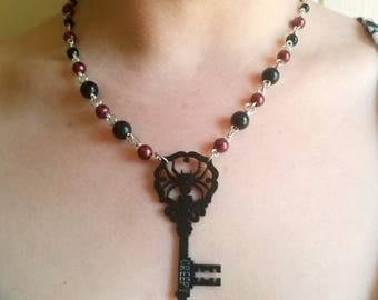 Hand Beaded Creepy Spider Skeleton Key Necklace
