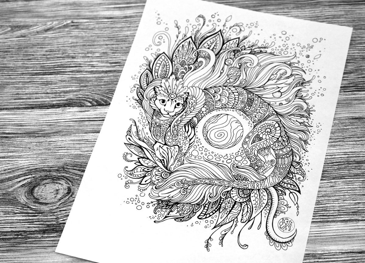  Cat  Dragon  Adult Coloring  Page  Doodle Printable Colouring  Zen