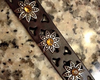 Leather Punched Bracelet; Leather Wristband; Leather Cuff; Leather Flower Cuff - On Sale - Clearance