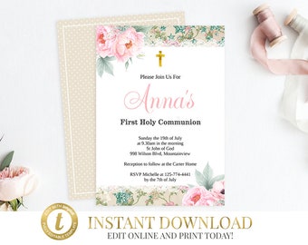Vintage First Communion Invitation, Baptism Invitation, Communion Invitation, Christening Invite, Holy Communion, Christening Baptism Invite