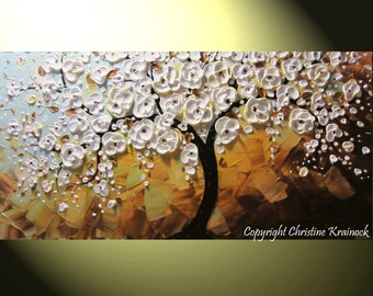 CUSTOM Art Abstract Painting White Cherry Tree Painting Blossoms Flowers Textured Palette Knife Blue Brown MADE to ORDER Sizes -Christine