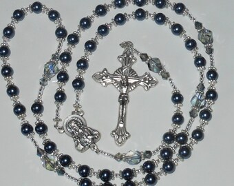 Blue Pearl and Crystal Strung Rosary