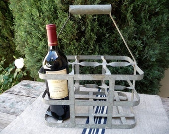 Vintage Bottle Carrier, French Zinc Wine Carrier, Vintage Wine Rack, Metal Wine Rack, Milk Crate, Bottle Caddy, French Farmhouse Country