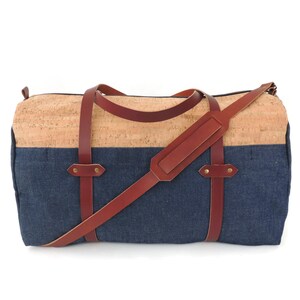 Cork and Denim Sturdy Weekender Bag with Leather Straps and Exterior Pockets
