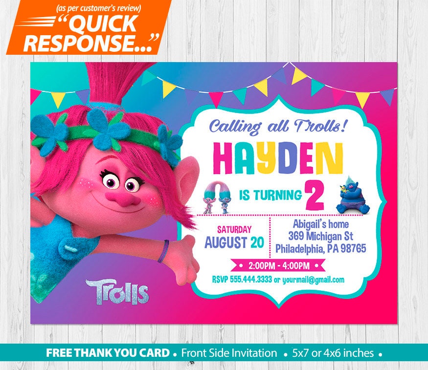 TROLLS POPPY Invitation Trolls Birthday Invitation Trolls