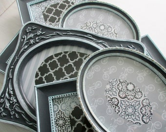 Picture Frames, Wall Frames, Photo Frames, Charcoal Gray and Blue Painted Picture Frames, Set of 7 Vintage Frames, Ornate Frames