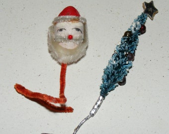 Vintage Chenille and Spun Cotton Head Santa Claus and Bottle Brush tree with Mercury Glass Bulbs Stems Lot of 2
