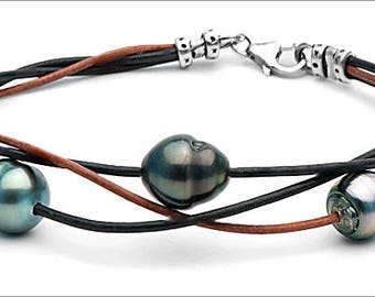 Bracelet 3 9-10 mm leather links intertwined Baroque Tahitian pearls