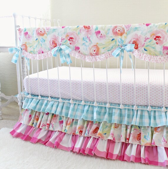 Gingham And Fl Girl Crib Bedding Aqua Pink Baby