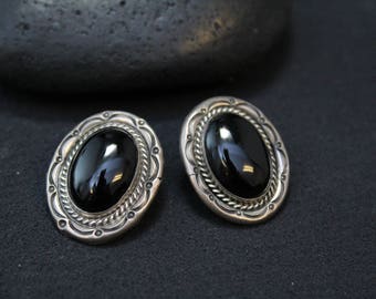 Sterling Silver Albert Payton Southwestern Oval Onyx Earrings, Southwest Onyx Earrings, Native American Onyx Earrings, Signed Navajo Jewelry