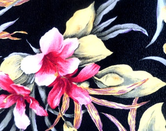 FABRIC ... French Silk Crepe Material 4 yds 44" w Black w Pink flowers