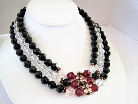 Lucite Bead Necklace, Faceted Red Clear Beads, Rhinestone Rondelles, 3 Strand Choker