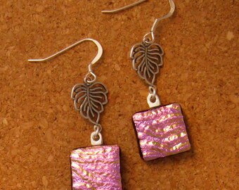 Pink Dichroic Earrings - Fused Glass Earrings - Fused Glass Jewelry - Dichroic Jewelry - Leaf Earrings - Glass Earrings - Glass Jewelry