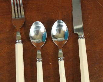 White Ivory Handle | Vintage Silverware | Stainless Flatware | Novell Collections | replacements knives fork spoon casual modern BIN 4