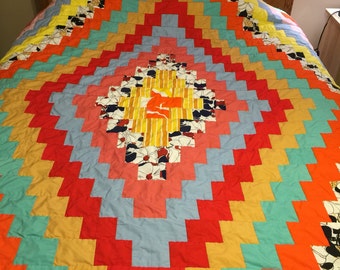 Vintage 70's large lap quilt, bright