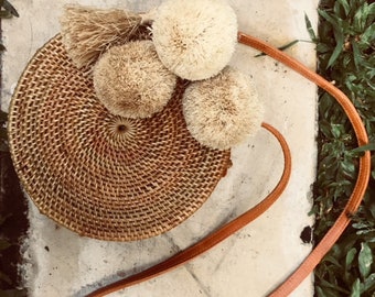 Handwoven Balinese Round Rattan Bag With Pompom & Tassel