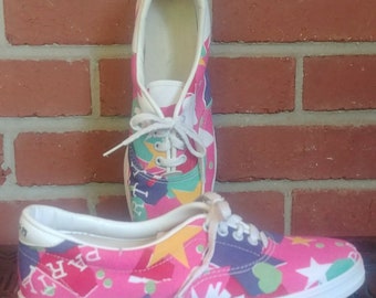 1980's Canvas Bowling Shoes Brunswick 8 Ladies 1980's Pink Yellow Geometric Shapes