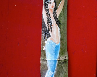 Beautiful Dark Hair Mermaid Hand Painted on Drift wood LATIN - AFRO- caribbean