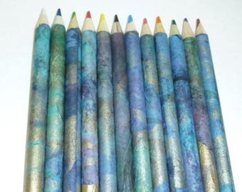 Fat Colored Pencil Set Hand Rolled Japanese Washi Paper Blue Green Gold Metallic Marbled Adult Coloring Set of 12 Carrying Case Sharpener