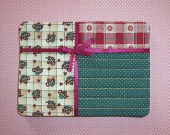 Teapot Design with Burgundy, Tan and Dark Green Fabric Snack Mat Mug Rug Set of 4