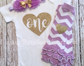 First Birthday Baby Girl Outfit | Bodysuit | Purple Gold Glitter | Lavender 1st Photo Shoot Smash Cake | Leg Warmer Tutu Bloomer Headband