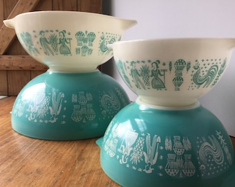 Vintage Pyrex Butterprint Cinderella Bowls, Pyrex Turquoise, Pyrex Mixing Bowl Set, Pyrex Cinderella Bowls, Amish