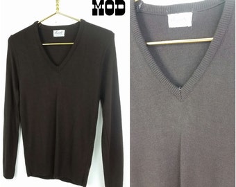 Vintage 70s Preppy Chocolate Brown V-Neck Acrylic Pullover Sweater!