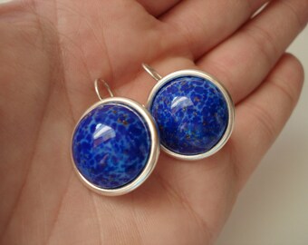 Vintage Art Deco Lapis Lazuli Glass Silver Earrings