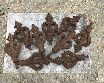 Antique Salvage Cast Iron Finials French Ornate Design Set of Nine Finials Rustic Garden Decor Architectural Salvage