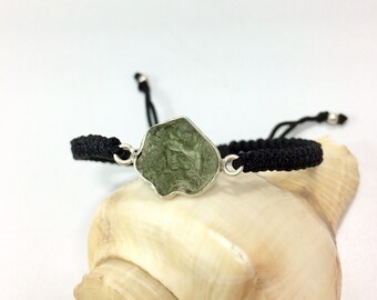 NATURAL MOLDAVITE Green meteorite Crystal Stone Silver Bracelet , Healing , Spiritual , Ascension , Hand made Woven Bracelet 015