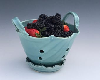 Gloss Turquoise Berry Basket Colander - Pottery Colander - Berry Strainer - Handmade Pottery Colander - Berry Bowl