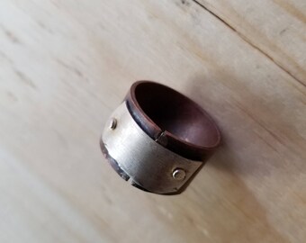 Pure Copper Sheet Riveted Band Ring Argentium Silver Steampunk Women's Size 9.25