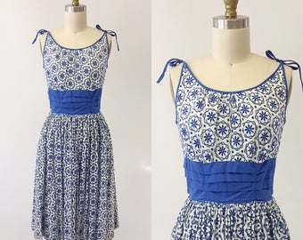1950s Blue and White Eyelet Cotton Sun Dress