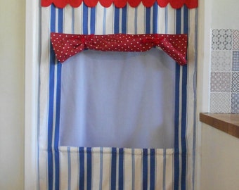 NEW! Doorway Puppet Theatre. Blue and White striped Door Curtain Theatre. Roll Up fabric theatre
